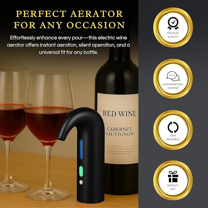 Electric Wine Aerator Dispenser Opener - Portable Accessory - Red & White Wines, Touch Activated Aeration For Wine and Spirit - Beginner and Enthusiast - Spout Pourer - Wine Gifts (BLACK)