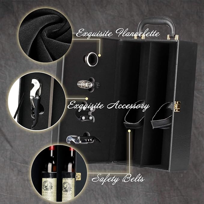 Wine Box, 2-Bottle Leatherette Top Handle Wine Carrier Case With 4 Accessories