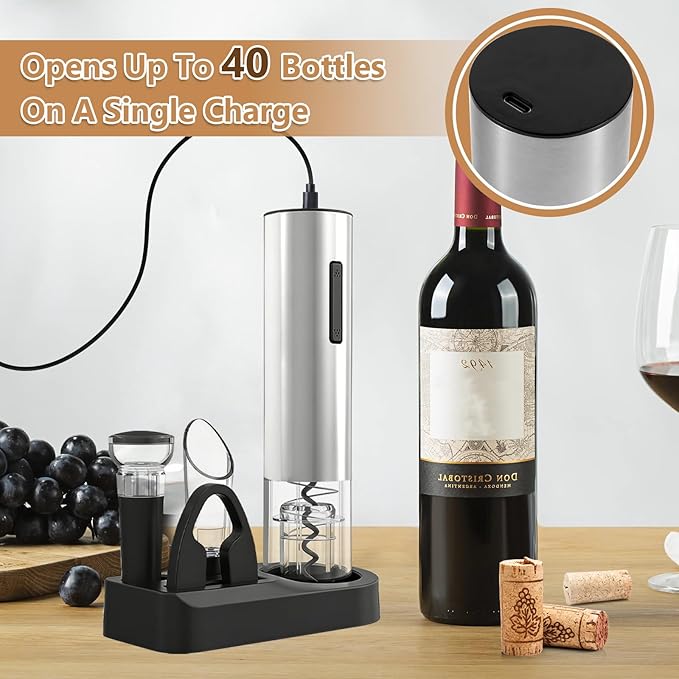 5-in-1 Electric Wine Opener - Auto Wine Bottle Opener with Storage Base,Foil Cutter,Aerating Pourer & Vacuum Stoppers | USB-C Rechargeable | 40+ Opens Per Charge | Gift for Housewarmings