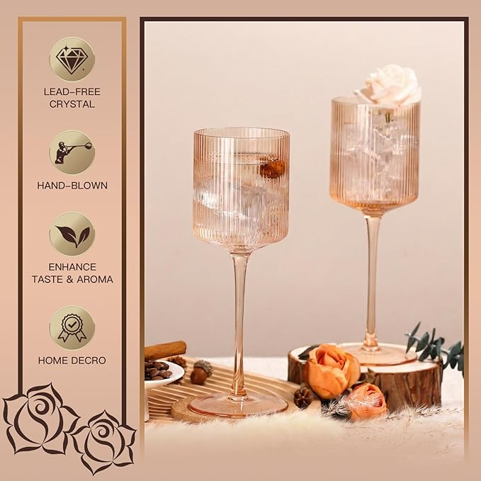 Pale Peach Colored Square Wine Glasses Set of 6, Ribbed Design Peach Crystal Glassware with Long Stem, 11.5oz Hand Blown Red & White Wine Stemware For Home Dinner Party Wedding Housewarming Gift