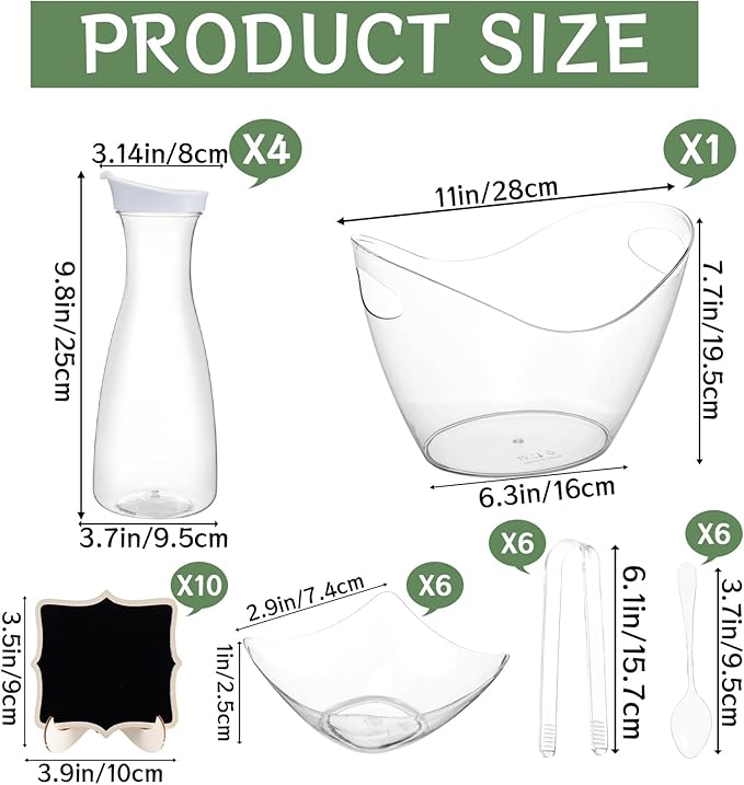 27 Pcs Mimosa Bar Supplies Include Acrylic Ice Bucket 4Pcs 34oz Plastic Carafe with Lids 6 Disposable Salad Bowls with Spoons & Tongs 10 Mini Wooden Chalkboards for Summer Party Family Gathering Bar