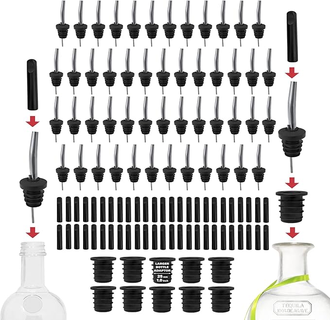 50-Pack Stainless Steel Liquor Bar Bottle Pourers - 50 Dust Caps & 10 Adapters - Drip-Free Nozzle - Pour Spouts for Alcohol & Bartending - Universal Fit Speed Spout - Rust-Free & Easy Clean - Chrome