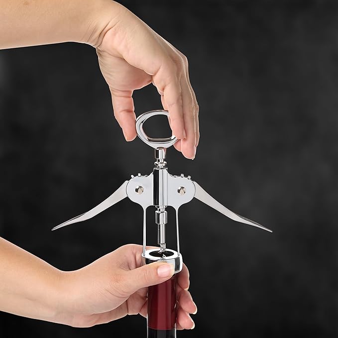 HIC Kitchen Bar Classic Winged Corkscrew, Easy Removal For Natural And Synthetic Corks, Built-In Bottle Opener, Wine Accessory