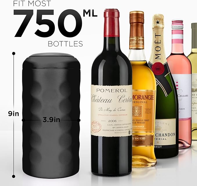 Wine Gifts - Premium Wine Chiller - 750mL Stainless Steel Bottle Cooler, Vacuum Insulated & Double-Walled - Keeps Cold 6+ Hours - Champagne Sleeve for Most Bottles - Black