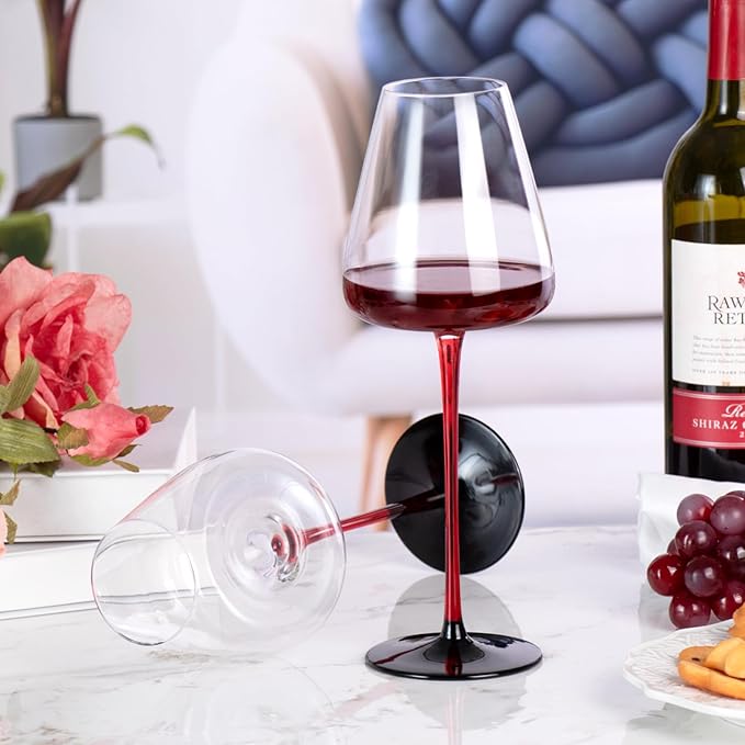 KAMMAK Wine Glasses Set of 2, 19.61 oz Hand Blown Crystal Bordeaux Wine Glasses, Thin Rim & Long Stem, Perfect for Red & White, Daily Use, Wedding or Birthday Gift with Gift Box, XH-H280 Black Base