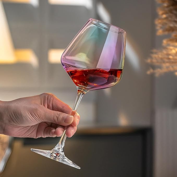 PTSTING Wine Glasses 15.5oz Iridescent Wine Glasses Set of 4 Burgundy Wine Glasses for Wine Tasting, Wedding Gift, Anniversary, Christmas, Birthday