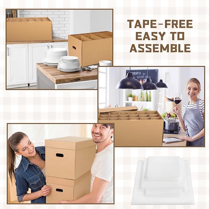 4 Sets Kitchen Moving Boxes with Handle 24 x 12 x 11 Inches Wine Glass Packing Moving Boxes Dish Saver Kit Kitchen Kit with Lid and Divider Foam Pouches for Glassware Packing Transportation