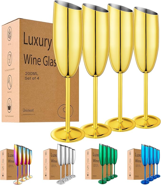 Champagne Flutes Set of 4, Premiumty Stainless Steel High Footed Champagne Glasses, 7oz Capacity,Unbreakable Slanted Champagne Glasses