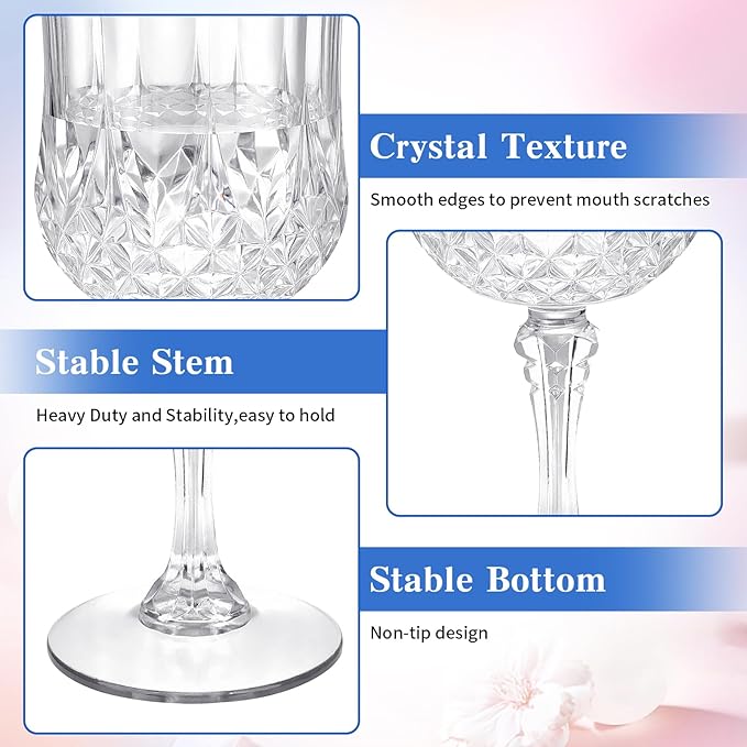 7OZ Plastic Wine Glasses, Disposable Goblets Drinking Glasses Crystal Vintage Water Cups Unbreakable Champagne for Wedding, Parties, Valentine's Day (Transparent)