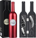 Wine Accessories Gift Set - Wine Bottle Corkscrew Opener Kit, Drip Ring, Foil Cutter and Wine Pourer and Stopper in Novelty Bottle-Shaped Case for Valentine's Gift, Red