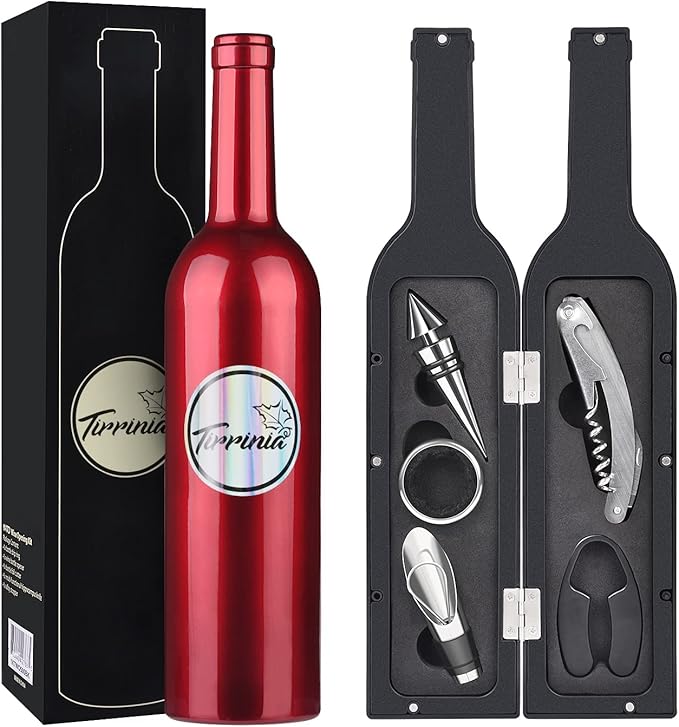 Wine Accessories Gift Set - Wine Bottle Corkscrew Opener Kit, Drip Ring, Foil Cutter and Wine Pourer and Stopper in Novelty Bottle-Shaped Case for Valentine's Gift, Red