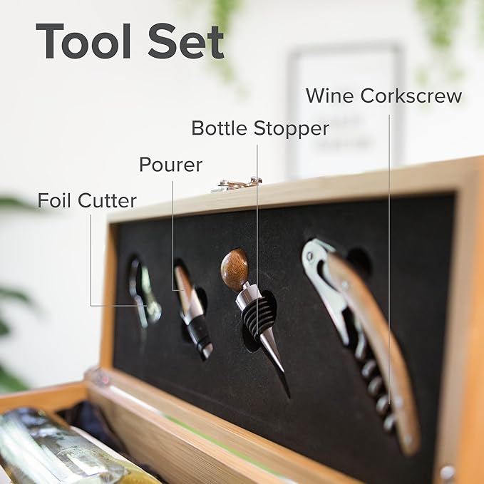 CASE ELEGANCE Premium Bamboo Wine Box Gift Set with Accessories - Luxury Single Bottle Wine Gift Box with Wine Opener, Bottle Opener & Wine Accessories, Wedding Gift Case with Tools