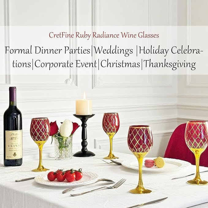 Gold Rim 12oz Wine Glasses, Set of 2 Insulated Glass, Long Stem, Holiday Cheer, Thanksgiving, Christmas Gift