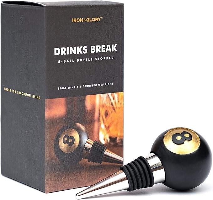 Iron & Glory Wine Stopper 8-Ball | Decorative Wine Stoppers & Kitchen Gadgets | Luxury Bottle Stopper Wine Accessories | Wine Gifts | Reusable Liquor, Champagne & Wine Saver | Gifts For Wine Lovers