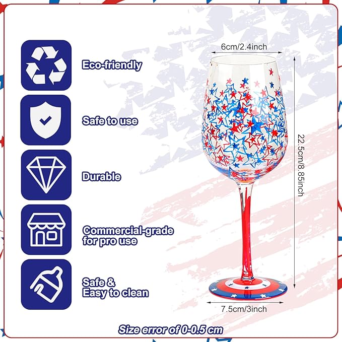 SiliFine 4 Pcs 4th of July Independence Day Party Stemmed Wine Glasses Hand Painted Drinking Cup Wine Glasses Gifts for Birthday Theme Holiday Party Supplies