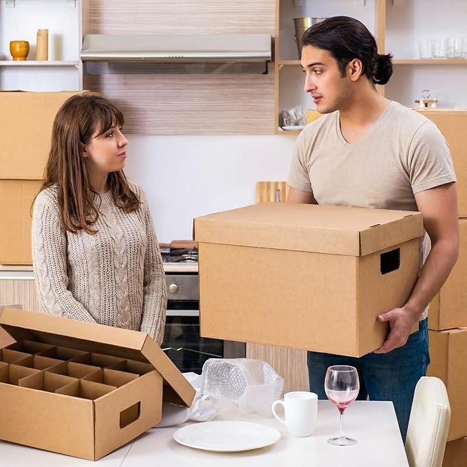 MotiMind 4 Pack Dish Wine Glass Mug Moving Boxes with Divider Kits Included 1 Dish and 2 Wine Glass 15 x 12 x 10 Inch, 1 Mug 17 x 13 x 6 Inch Kitchen Moving Boxes with Handle Packing Box for Glassware