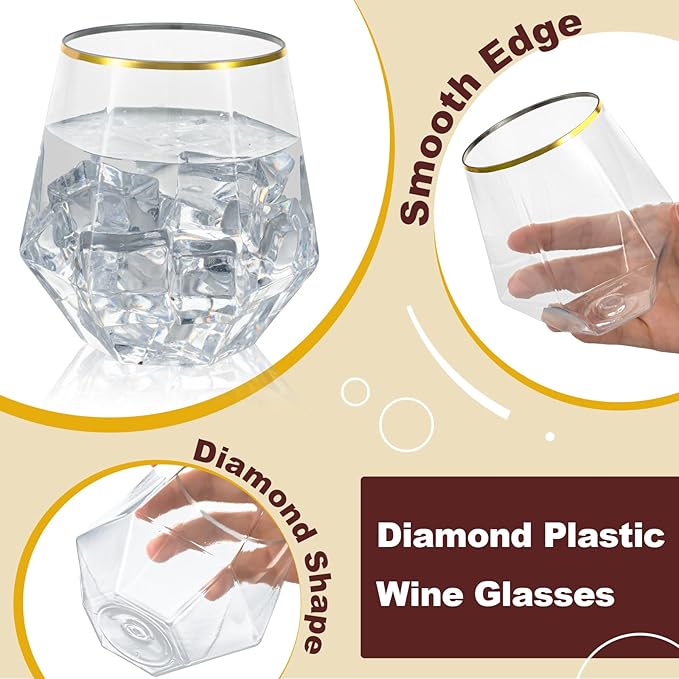 Goodluck 80 PCS Diamond Stemless Plastic Wine Whiskey Glasses, 12 Oz Disposable Cocktail Glasses, Suitable for Weddings, Birthday Parties, Family Gatherings, Bars, etc （Gold rimmed cups）