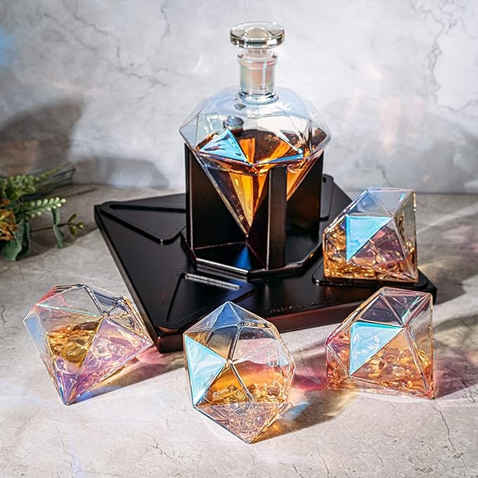 The Wine Savant Diamond Whiskey & Wine Decanter, Iridescent Set - 750ml With 4 Diamond Glasses and Beautiful Mahogany Wooden Holder Liquor, Scotch, Rum, Bourbon, Tequila Tray Whiskey Gifts for Men
