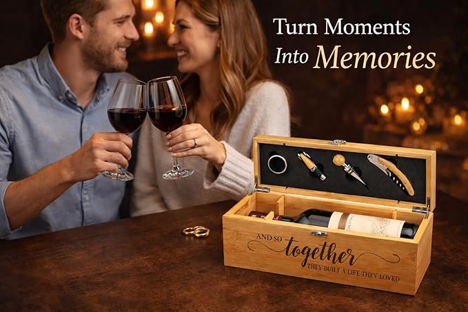 Personalized Wine Gift Set with Engraved Wooden Box – Custom Wine Accessories Kit, Wedding, Anniversary, Housewarming Gift for Couples, Wine Lovers