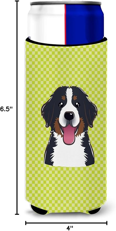 Checkerboard Lime Green Bernese Mountain Dog Ultra Beverage Insulators slim cans