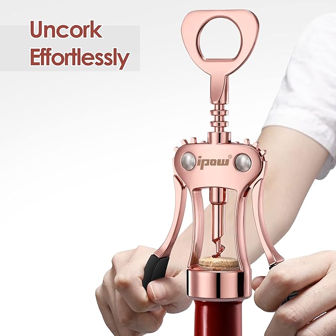 IPOW Wine Opener, Zinc Alloy Wine Bottle Opener, Wing Corkscrew Heavy Duty, Manual Multifunctional Cork Screw for Waiter,Rose Gold