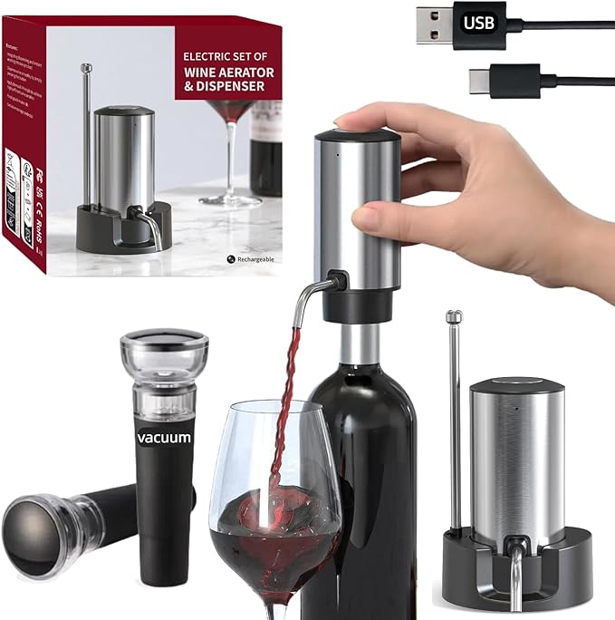 Rechargeable Electric Wine Aerator and Dispenser Set, Electric Wine Decanter with 2 Vacuum Wine Stoppers, Charging Base, Stainless Steel, Wine Pourer