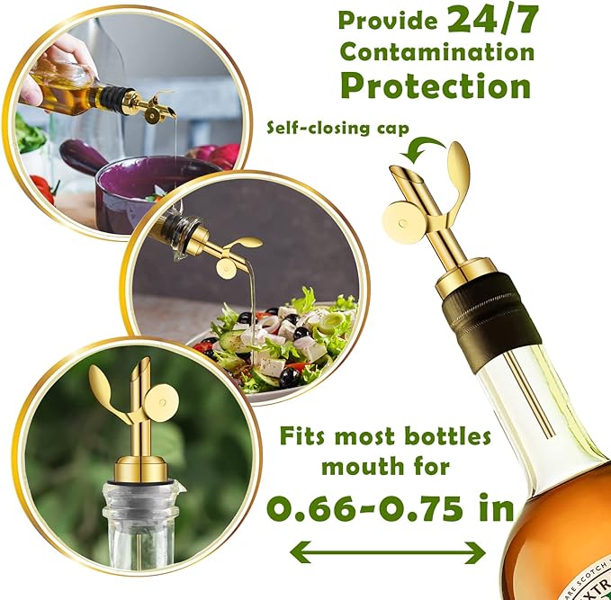 WAFJAMF 4 Pcs Weighted Stainless Steel Bottle Pourers, Self Closing Olive Oil Dispenser Spout, Auto Flip Feature Liquor Pour Spouts for Pours Liquid, Olive Oil， Wine, Vinegar（Gold）