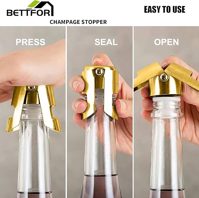 Champagne Stoppers with Stainless Steel Champagne Saver with Food Grade Silicone Leak proof Keep Fresh Suitable for Champagne, Cava, Prosecco and Sparkling(Gold, 1 Pack)