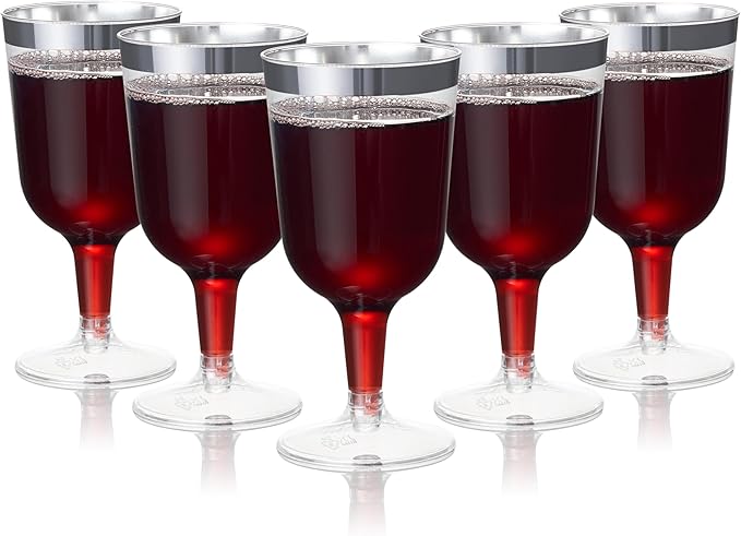 MATANA 24 Elegant Clear Hard Plastic Wine Glasses Silver Rim 6 oz - Sturdy & Reusable Glasses for Cocktails, Dessert - Birthdays, Weddings, Christmas, BBQ, Picnic, Parties, Bulk Pack