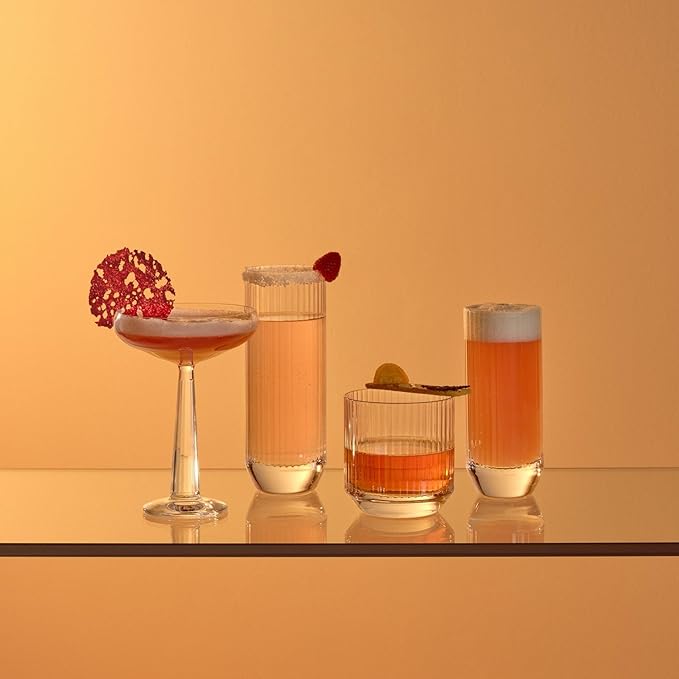 NUDE Whiskey Glasses Set of 4 DOF – 10.75 oz Premium Lead-Free Crystal Old Fashioned Rocks Glasses for Whisky, Scotch & Bourbon – Etched Linear Pattern, Dishwasher Safe Barware