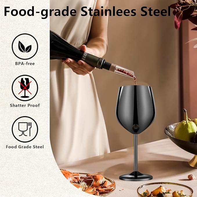 Stainless Steel Wine Glasses Set of 4 Unbreakable Wine Glass 18 oz Unique Metal Wine Goblets for Outdoor, Travel, Camping, Pool, Ideal Gift for Wine Lovers (Mirror-Black)