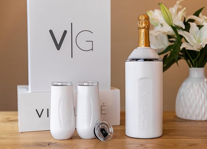 Vinglacé Champagne Bottle Chiller Gift Set- Portable Stainless Steel Sparkling Wine Cooler with 2 Stemless Champagne Flutes, White
