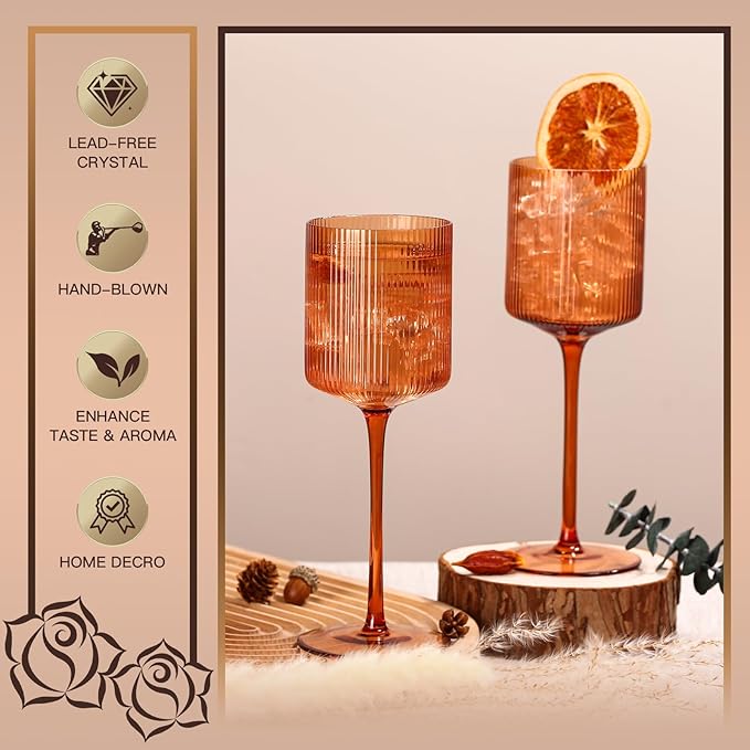 Halloween Decorations Maple Colored Square Wine Glasses Set of 6-11.5oz, Elegant Ribbed Design Amber Crystal Glassware with Long Stem, Hand Blown Stemware For Halloween, Thanksgiving