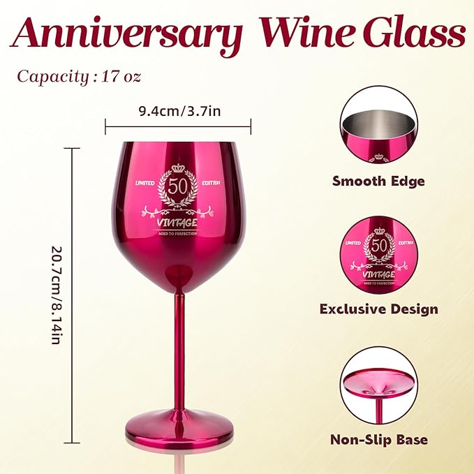 50th Birthday Gifts Wine Glass for Her Women, Stainless Steel Metal Unbreakable Decoration Glasses Rose Red Cup 17oz with Vintage Print-Unique 50 Year Old Present for Mom Wife Sister Friend