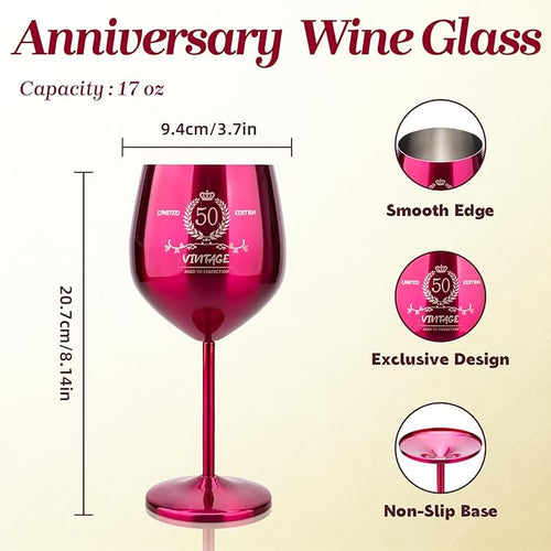 50th Birthday Gifts Wine Glass for Her Women, Stainless Steel Metal Unbreakable Decoration Glasses Rose Red Cup 17oz with Vintage Print-Unique 50 Year Old Present for Mom Wife Sister Friend