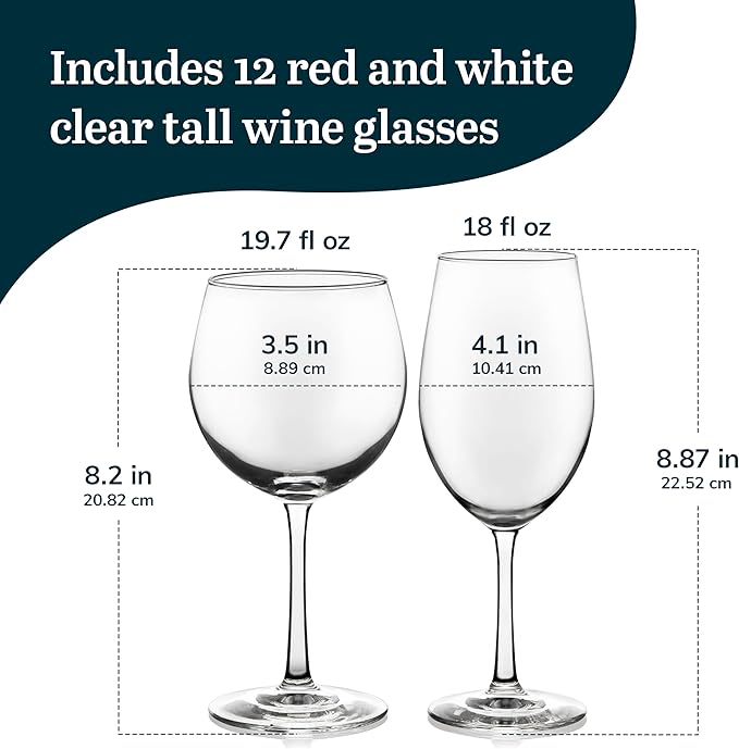 Libbey Vineyard Reserve Wine Glass Set of 12, Red and White Clear Wine Glasses, Merlot, Bordeaux, Chardonnay Gifts, Lead-Free Stemware Glasses