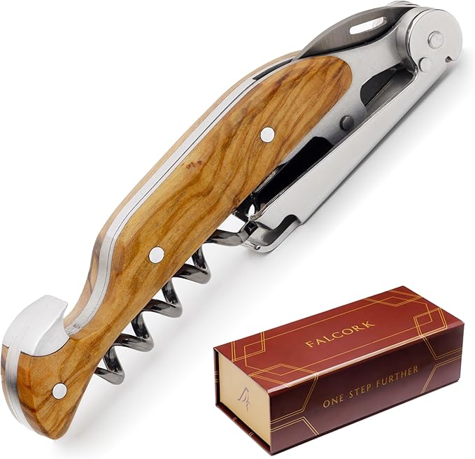 Corkscrew for Professionals FALCORK® 144 – Agility – One-Step Lever, Marked Helix and Generous Handle in Smooth Olive Natural Wood for Safe, Intensive Uncorking in Hospitality – Plastic-Free