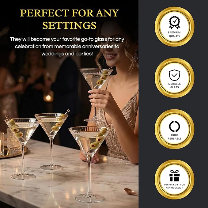 Gold Rim Martini Glasses - Set of 4-10 oz, 24K Gilded Classic Vintage Glasses For Martinis, Cocktails, Champagne, Water & Wine - Hand Blown Classic Coupes Gilded Rimed, Crystal Coupe with Long Stems