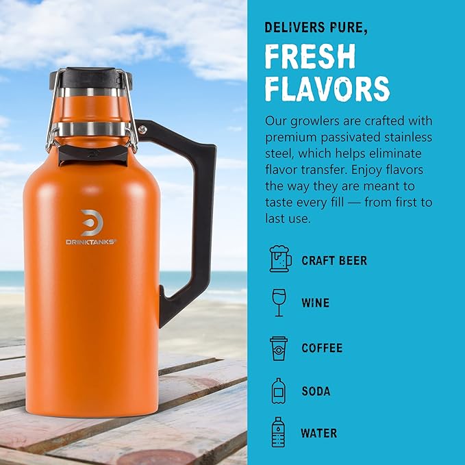 DrinkTanks Craft Growler – 64 oz Vacuum Insulated Stainless Steel Beer Growler with Handle, Leakproof Thermal Beverage Tumbler for Beer, Wine, Coffee, Soda, Kombucha – Reusable & BPA-Free – Moab