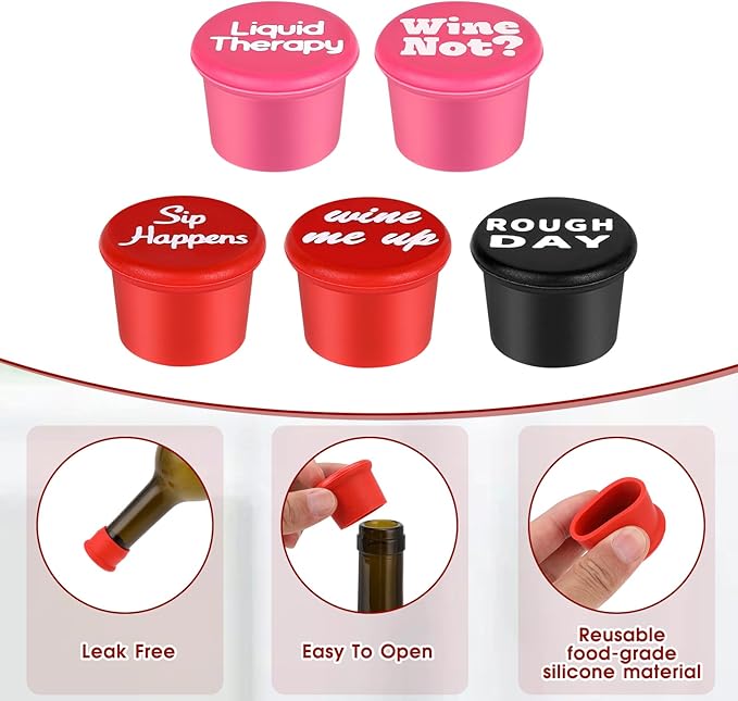 Qianyu 5 Pack Funny Silicone Wine Stoppers Accessories for Wine Lovers Gifts Reusable Bottles Cover Caps Replace Wine Saver Bottles Corks Airtight Seal Decorative To Preserve Fresh