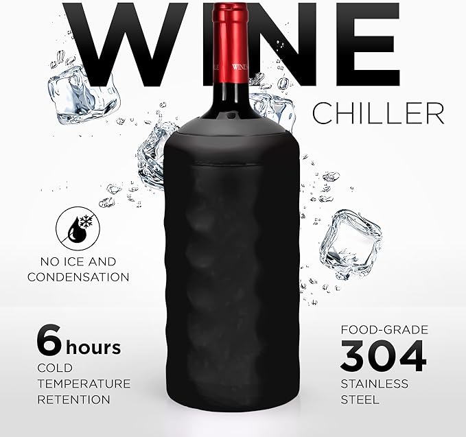 Wine Gifts - Premium Wine Chiller - 750mL Stainless Steel Bottle Cooler, Vacuum Insulated & Double-Walled - Keeps Cold 6+ Hours - Champagne Sleeve for Most Bottles - Black