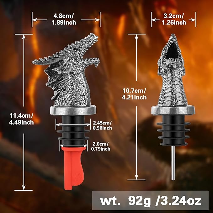LKKCHER Dragon Head Liquor Pourers Spout for Alcohol Spirits, Dragon Gifts 2-In-1 Wine Bottle Pourer and Stopper for Men Women, Wine Accessories Gifts, Silver with Bag