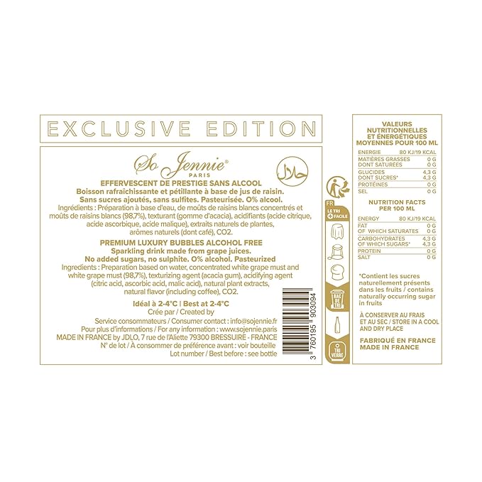Non-Alcoholic Sparkling Wine Sampler – 4 Bottles (25.4 Fl Oz Each) – Lussory Brut, Princess Bollicine Bianco, Perle Blanc, So Jennie Paris (France, Italy, Spain)