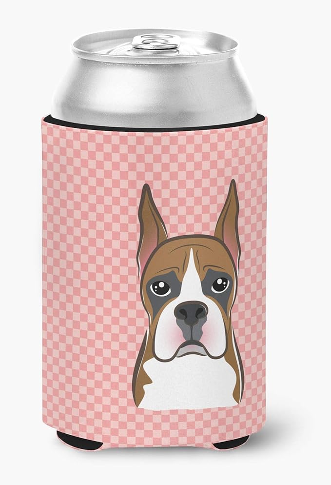 Caroline's Treasures BB1223CC Checkerboard Pink Boxer Can or Bottle Hugger Cooler Washable Drink Sleeve Collapsible Beverage Insulated Holder, Can Hugger, Multicolor