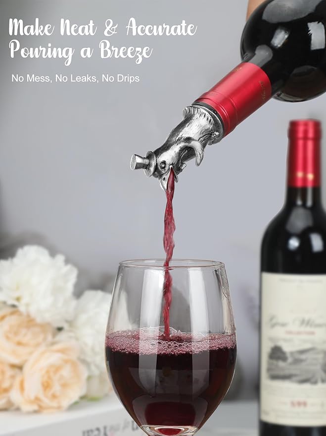 Animal Wine Pourer Spout, Drip Free Bottle Pourer & Stopper for Wine and Liquor Bottles, Funny Gift for Men, Dad, Hostess and Housewarming, Bar Cart Accessory for Holiday Party Decor, Multiple Animal