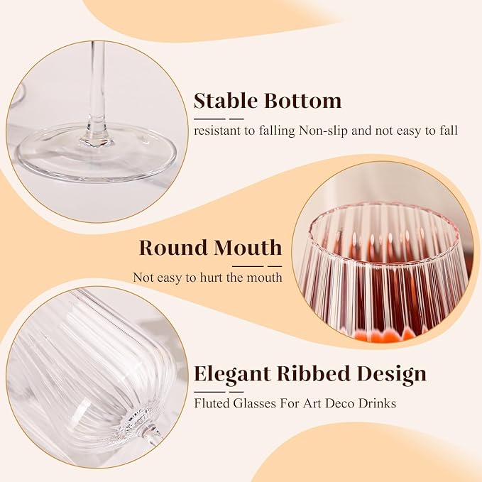 Ribbed Wine Glasses Set of 4-20oz Hand-Blown Fluted Glassware, Lead-Free Crystal Vintage Ripple Texture Red Wine Glasses, Perfect Gifts for Weddings, Birthday, Special Occasions
