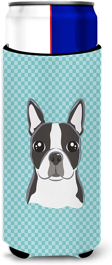 Checkerboard Blue Boston Terrier Ultra Beverage Insulators for slim cans BB1141MUK
