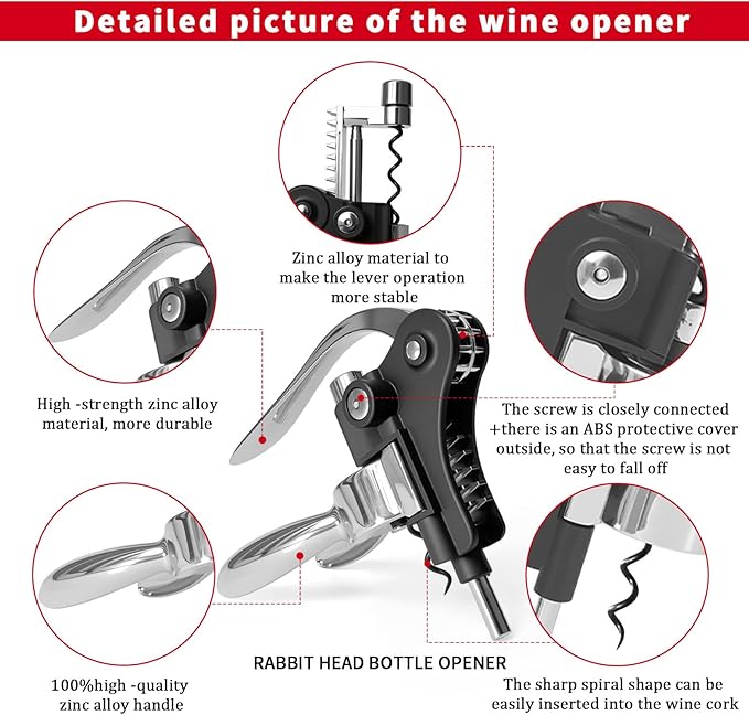 DEMARRE Rabbit Wine Opener,Corkscrew Wine Opener Set Including Foil Cutter, Wine Stopper & Pourer, Drip Ring, Stainless Steel Wine Bottle Opener Kit for Bar, Home, Wedding, Birthday, Holiday Gift