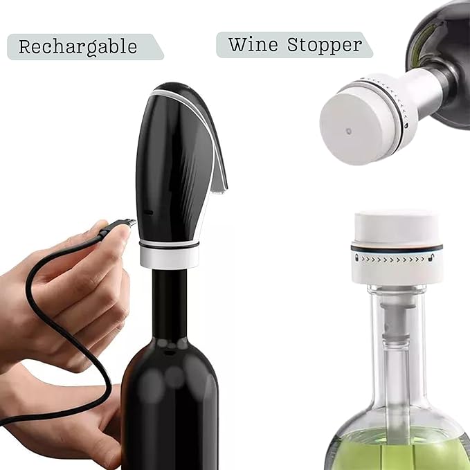 Electric Wine Aerator Pourer Rechargeable 3-in-1 Automatic Wine Decanter Dispenser Preserver Penguin Shape Gifts for Wine Lovers (BLACK)