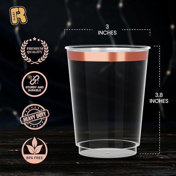 R-kay Rose Gold Plastic Cups, Heavy Duty 10 OZ Disposable cups, Plastic cocktail Glasses (Rose Gold)